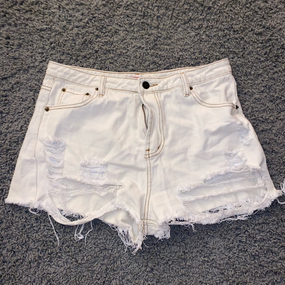 White Distressed High Waisted Shorts